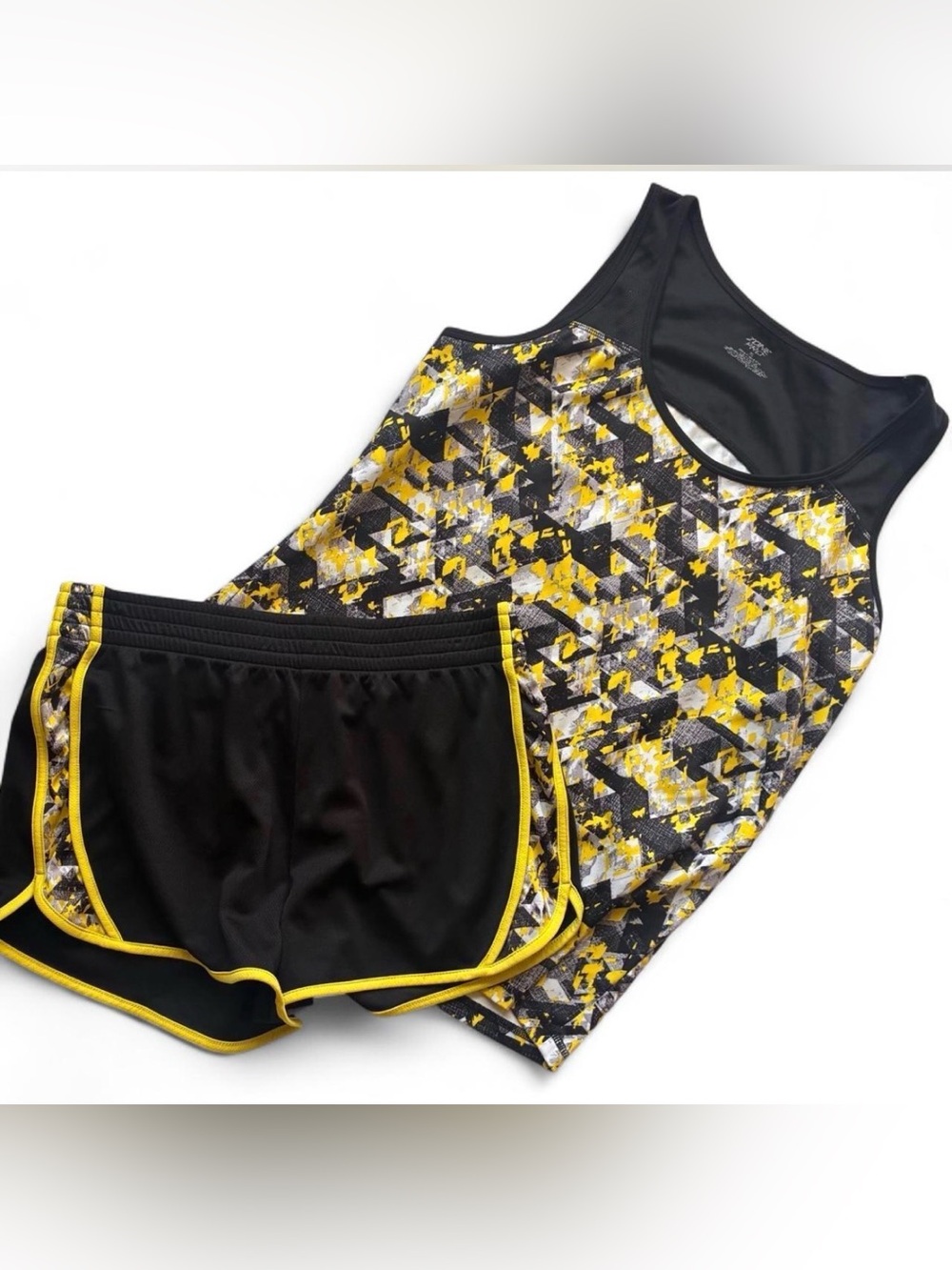 Zone Pro Black & Yellow Geo Print Athletic Tank Black Shorts Gym Set Size XL